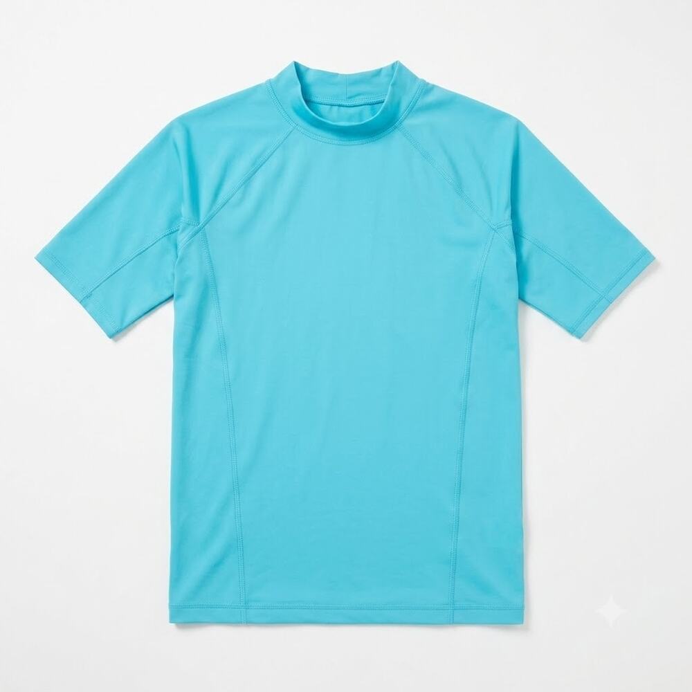Lands End Rash Guard Swim Tee Aqua Blue Short Sleeve Polyester Kids XXL
